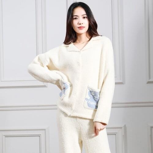 Latest Womens Pajamas Set Sleepwear Home Clothes Sweater Thick Lapel Neck Nightwear Wick Yarn Loose Knitted Autumn And Winter