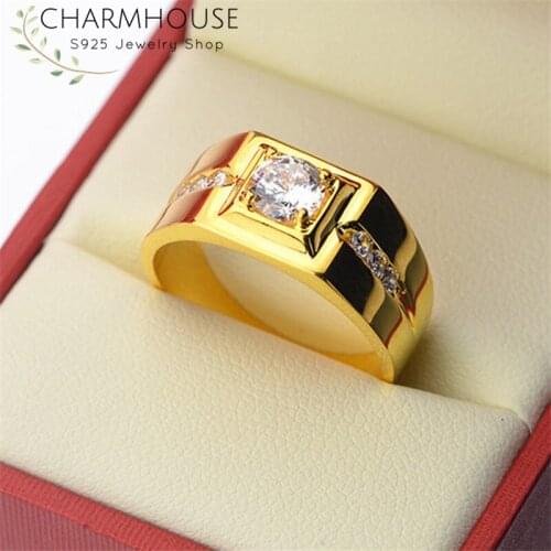 18K Gold Color Engagement Ring For Man Cubic Zirconia Open Ring Adjustable Bague Anillo Wedding Band Male Jewelry Bijoux