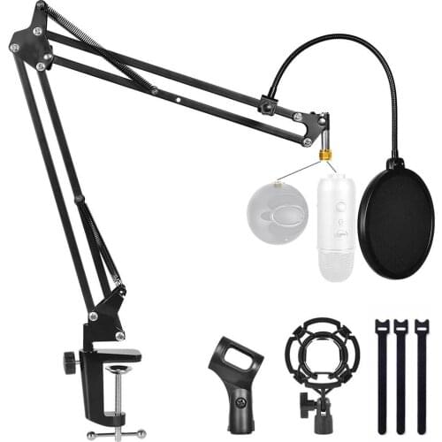 Microphone Stand For Blue Yeti and Blue Snowball With Mic Pop Filter and Heavy Duty Boom Scissor Arm Stands For BM 800 Mic