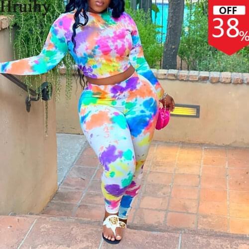 Plus Size Tie Dye Set Long Sleeve Top Long Pants Elastic Waist Track Suit Women Streetwear Fashion Homewear Autumn Clothing