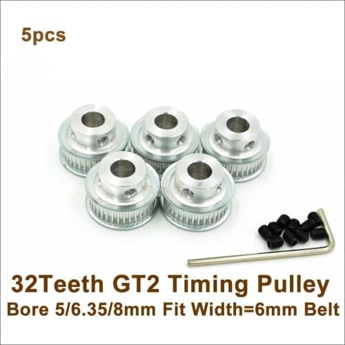 POWGE 5pcs 32 Teeth 2GT Timing Pulley Bore 5/6.35/8mm Fit W=6mm GT2 Timing Belt 3D Printer 32Teeth 32T GT2 Timing Belt Pulley
