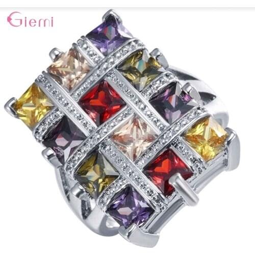 Luxury European Wedding Colorful Cubic Zirconia Square 925 Sterling Silver Rings For Women Girls Rhinestone Birthday Gift