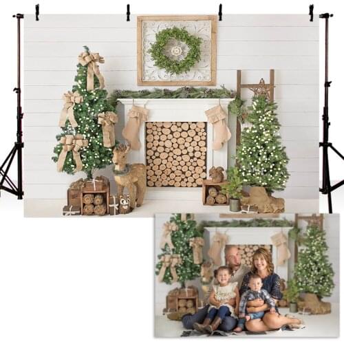 Christmas Photography Background Christmas Tree Fireplace Fawn White Wooden Backdrop Decoration Props Banner For Photo Studio
