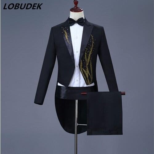 Swallowtail Men Suits Black White stones Tailcoat Bar Singer Stage Costume Magician Prom Host Wedding Chorus Stage Outfit