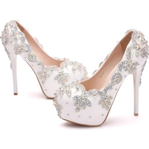 Women pumps wedding Party banquet PU Rhinestones Slip On 14CM Thin High Heels Round Toe high heels women shoes size 35-42