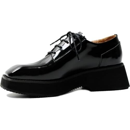Platform Shoes Women Patent Leather Genuine Cowhide Lace-Up Square Toe Brogue Flat Shoes Ladies Wedge Shoes Derby Shoes