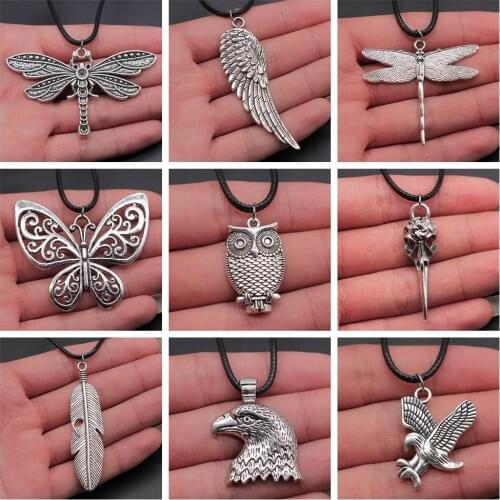 Animal Necklace Vintage Antique Silver Color Dragonfly Butterfly Owl Feather Wing Bird Eagle Pendant Black Leather Chain