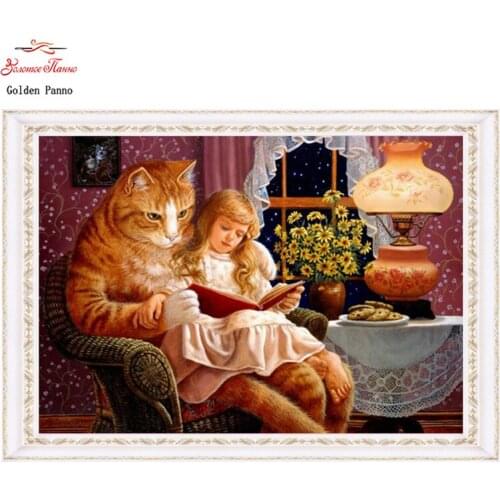 Needlework DIY resin square diamond cross stitch 5D unfinished kit full embroidery big cat and girl diamond mosaic