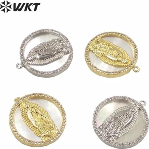 WT-MP144 Religious Necklace Pendant White MOP Shell Pendant With CZ Micro Paved Virgin Mary Round Pendant Women Jewelry