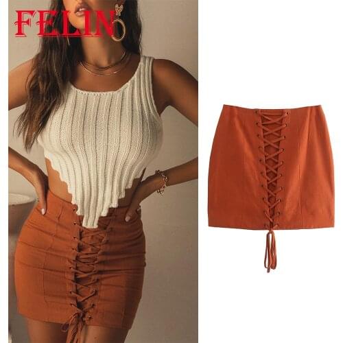 Za 2021 Women Chic Brown Crossed Mini Skirts High Waist Sheath Zipper Skirts Streetwear Stylish Mujer Faldas