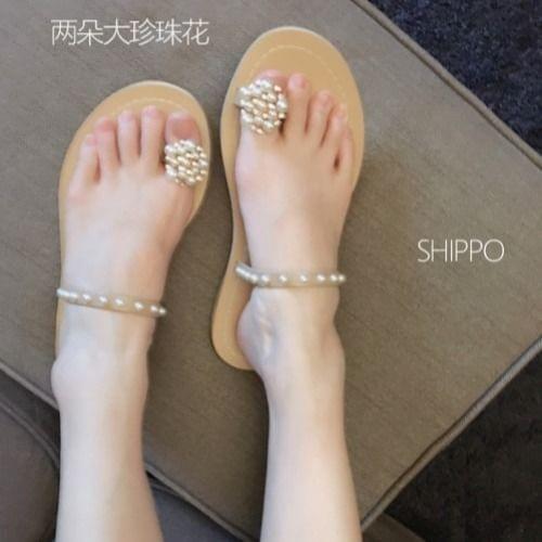 2021 New Ins Style Pearl Toe Covering Leather Beach Flat Outdoor Slippers Sandals for Women