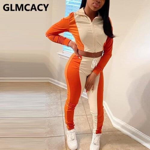 Women Two Piece Colorblock Tracksuits Long Sleeve Zip Up Crop Top Jacket & Slim Pants Set