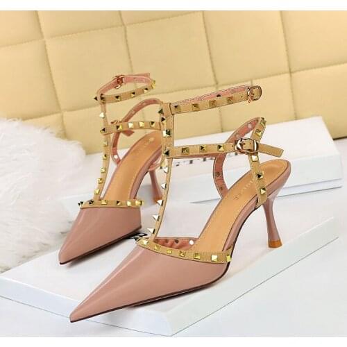 NEW Women Sandals Party High Heels Sexy Women Pumps Shoe Summer Shoes For Women Rivet Shoes Pointed Toe Roman Style High-Heeled