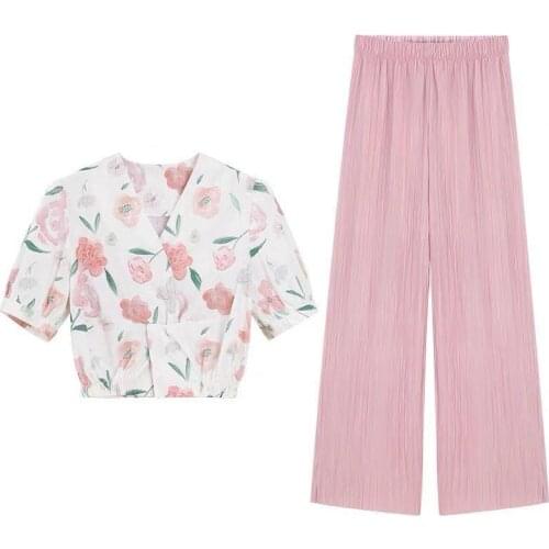 Women Summer Suit] 2021 Summer New Female Two-piece Suit Thin Floral Lapel Shirt + Casual Fashion Pink Wide-leg Pants Suit
