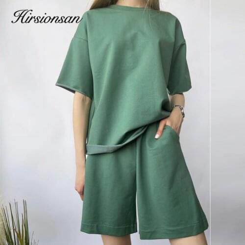 Hirsionsan Soft Cotton Sets Women 2021 New Casual Two Pieces Short Sleeve T Shirts and High Waist Shorts Solid Outfits Tracksuit