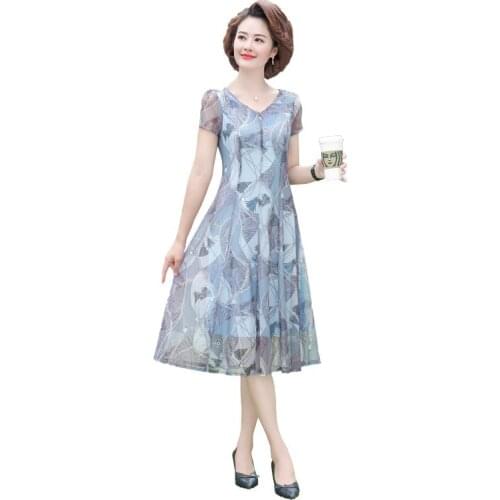 Womens Plus Size Summer Dress Short Sleeve Fashion Elegant Banquet Printing Womens Dress L-5XL Middle-Aged Mother Vestido