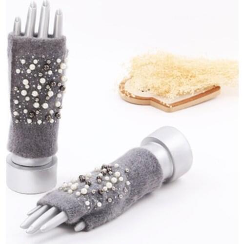 Winter Rabbit Fur Thicken Warm Knit Gloves Fashion Women Elasticity Diamonds Pearl Half Finger Touch Screen Gloves H22