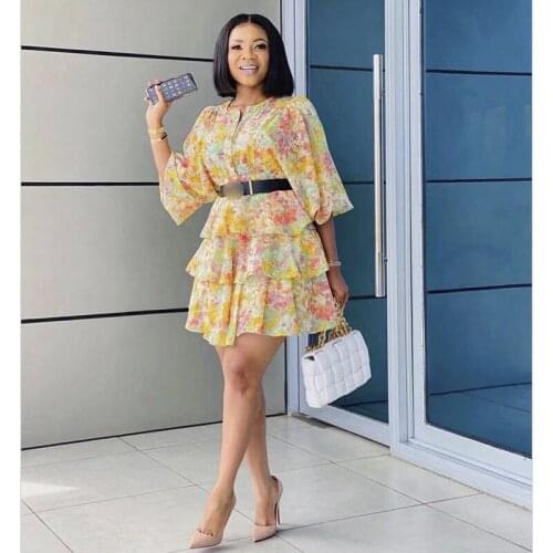 2021 New O Neck Floral Print Dresses Womens Button Three-Quarter Sleeve Cake Dress Lady Fashion Party Plus Size Africa Clothing