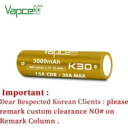 2pcs/lot Free shipping Vapcell original INR18650 3000mah 15A K30 3.7V battery Li ion rechargeable Batteries cell for flashlight