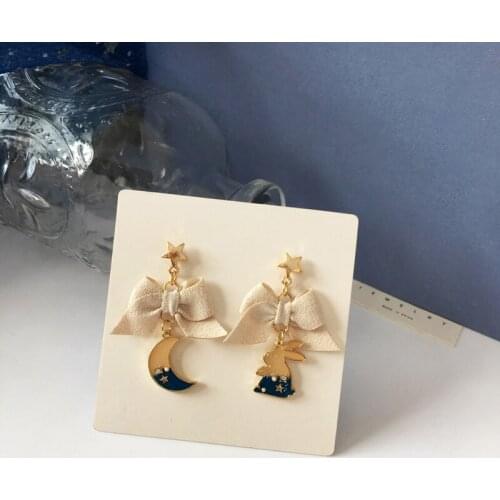 Asymmetric Moon Star Fake Piercing Kids Earrings Beautiful Temperament Bowknot Long Earrings