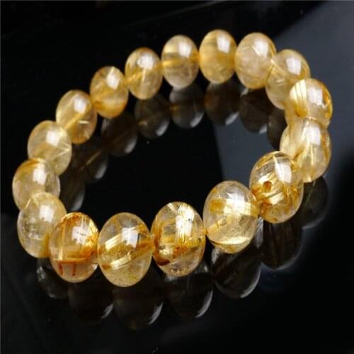 13mm Brazil Genuine Natural Yellow Gold Hair Rutilated Quartz Stone Round Crystal Bead Bracelet Free Shipping CPAM