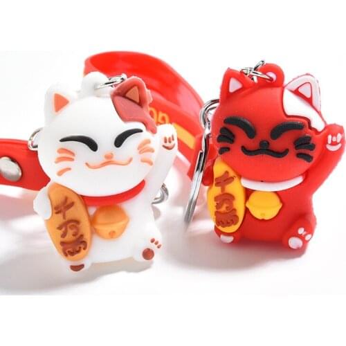 Cute Red Lucky Cat Key Chain PVC Lanyard Animal Doll Keychain Maneki Neko Car Keyring Bag Pendant Souvenir Gift Porte Clef K2447