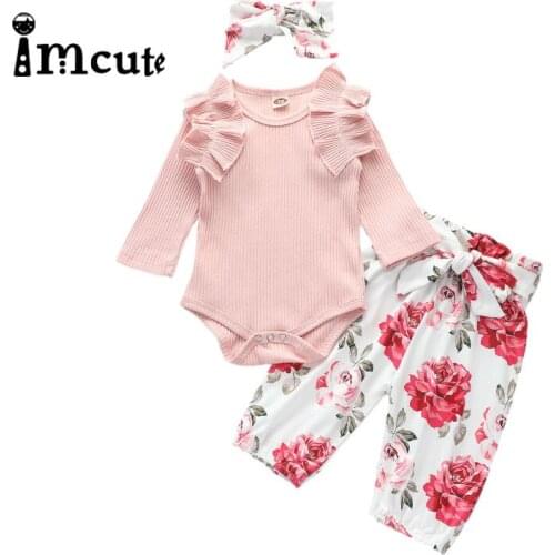 Imcute 2020 Baby Autumn Winter Clothing Newborn Baby Girl Clothes Ruffles Bodysuit Flower Pant Headband Baby Ribbed Outfits Set