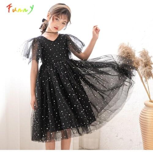 Kids Dresses for Girls Lace Star Sequins Short Sleeve Mesh Dress Robe de Princesse Fille Black Party Children Clothes Girl