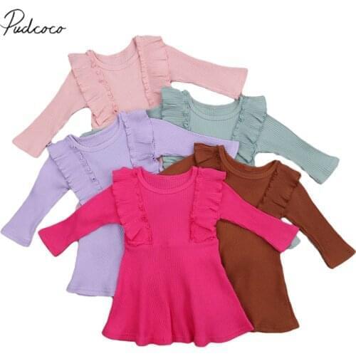 1-6Years Infant Kids Baby Girls' Long Sleeve Ribbed Dress Fashion Casual Wild Lace Round Neck Knitted Dress Solid Color