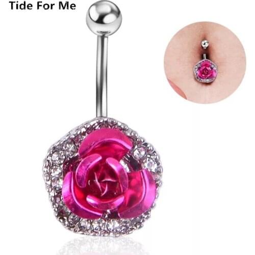 New Fashion Surgical Steel Red Rose Flowers Dangle Navel Rings Blue Crystal Navel Bars Belly Button Ring Piercing Body Jewelry