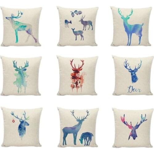 Square Color Linen Cozy Red Words lattice Christmas Cushion Cover Animal Deer Elk Painting Pillow Covers Home Textile For Travel