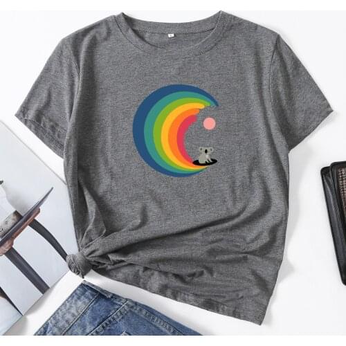 Cute Koala on Colorful Moon Graphic Tee Woman T-Shirt Short Sleeve T-Shirts Summer Tops for Women Cotton Female Shirt Clothes
