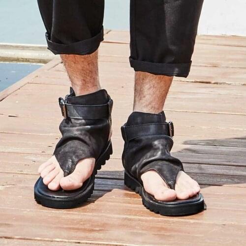 Mens Flip Flops Beach Real Leather Shoes Gladiator Roman Black Slingbacks Sandals Retro Summer Black New 2021