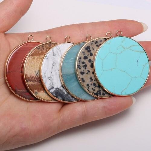 New Natural Stone Agates Pendant Disc Shape Rose Pink Quartz Pendants for Jewelry Making DIY Charms Necklace Accessories 40x45mm