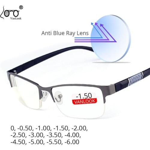 Myopia Glasses Mens Anti Blue Ray Computer Glasses Half Eyeglasses Frame 0 -0.50 -1.0-1.50-2.00-2.50-4.00-4.50-5.00-5.50-6.00