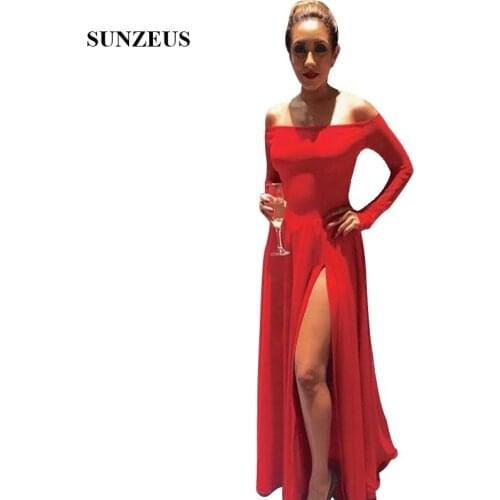 Off Shoulder Boat Neck Long Sleeves Prom Dresses Red A-line Jersey Long Party Gowns With Side Slit Women Cocktail Dress