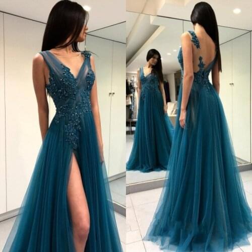 Sexy Tulle Lace Prom Dresses Applique Beading Long Side Split Dress Holiday Evening Party Gown Gala Dress Robe De Soiree