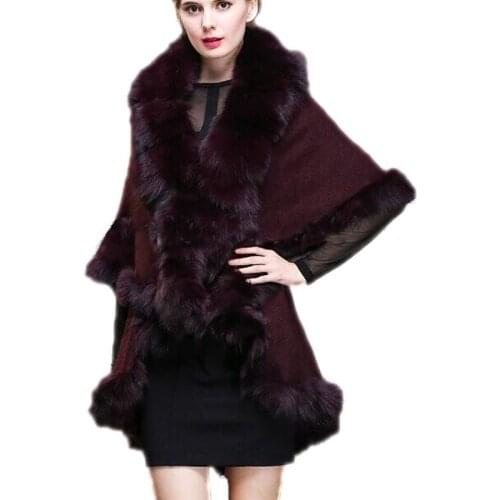 Real Fox Fur Shawl Wraps Women Knit Stretch fabric Cape Coat Cloak Female Winter Warm Poncho Wine red Black