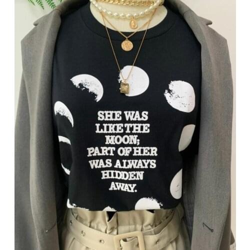 Sunfiz HJN She Was Like the Moon, Part of Her Was Always Hidden Away Quotes Women Moon Phases Gothic T-Shirt Grunge Punk Style