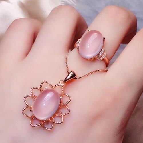 The Best Wedding Gift Natural Rose Quartz jewelry set Natural Real Rose Quartz 925 sterling silver 1pc pendant,1pc ring