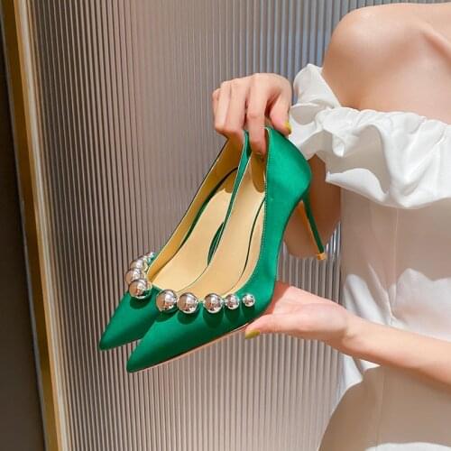 French Fashion Silver Ball Embelished Pumps Woman Thin Heel Pointed Toe Satin Single Shoes Shallow Slip On Wedding High Heels