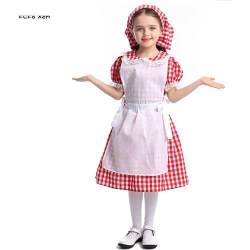 XS-L Girls Farmer woman countrywoman Cosplay Kids Children Halloween Maid Waitress Costume Carnival Purim Masquerade Party dress