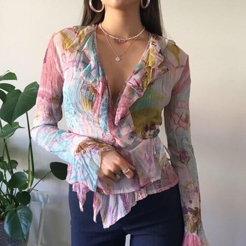 Womens T-Shirt Ruffles V Neck Printed T Shirt Harajuku Mesh Street Ladies Tee Shirt Street Fashion Vintage Pullover Autumn 2021