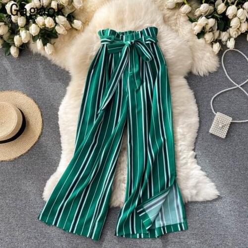 Gagaok Striped Pants Women 2021 Summer New Bow Split Fork Vintage Streetwear Straight Clothing Loose Fashion Chic Wild Pants