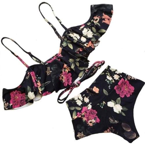 Women Summer 2018 Floral print bikini set Off Shoulder Ruffles padded bandage Swim Suits Lace up High waist female Swim Wear hot