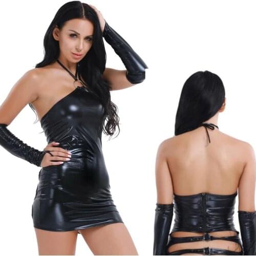Women Sexy Faux Leather Fetish Short Mini Dress Wet Look Open Butt Skirt Party Clubwear with Gloves Catsuit Costume