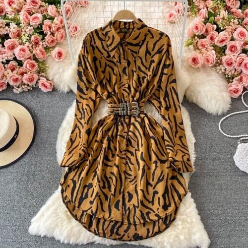 Women Shirt Dress 2021 New Autumn Fashion Turn Down Collar Long Sleeve Belted Single Breasted Striped Print Casual Female Dress