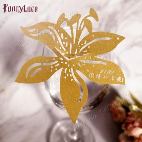 50pcs/lot Lily Flower Laser Cut Table Mark Wine Glass Name Place Cards Paper Wedding Birthday Baby Shower Christmas Supplies