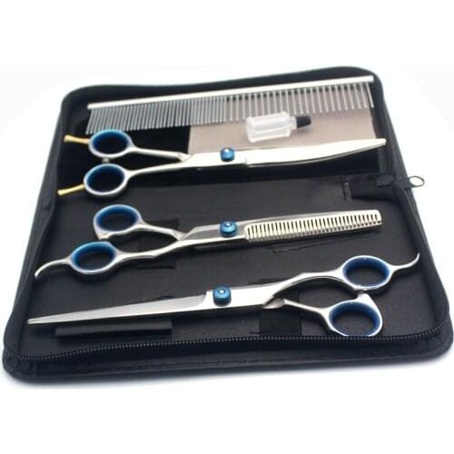 7.0 inch 4pc set 4CR 45HRC Professional pet scissors cat dog grooming High Quality Straight Thinning Curved Silver Scissors