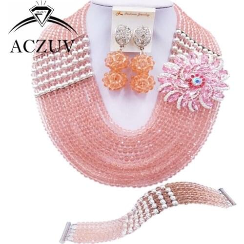 ACZUV 10 Rows Peach African Beads Necklace Nigerian Wedding Bridal Crystal Jewelry Sets 10LBJZ027